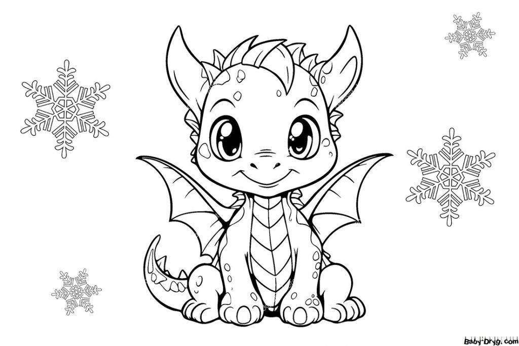 Coloring page Cute dragon and snowflakes | Coloring New Year's