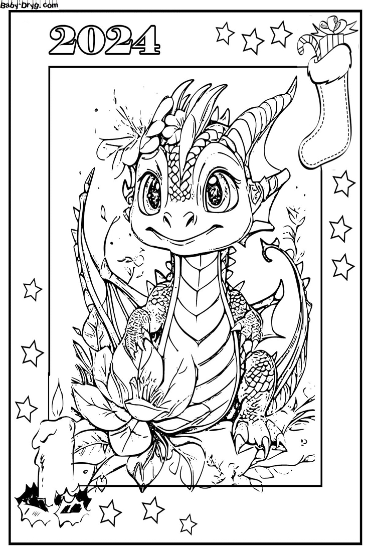 Coloring page Dragon 2024 postcard for coloring | Coloring New Year's