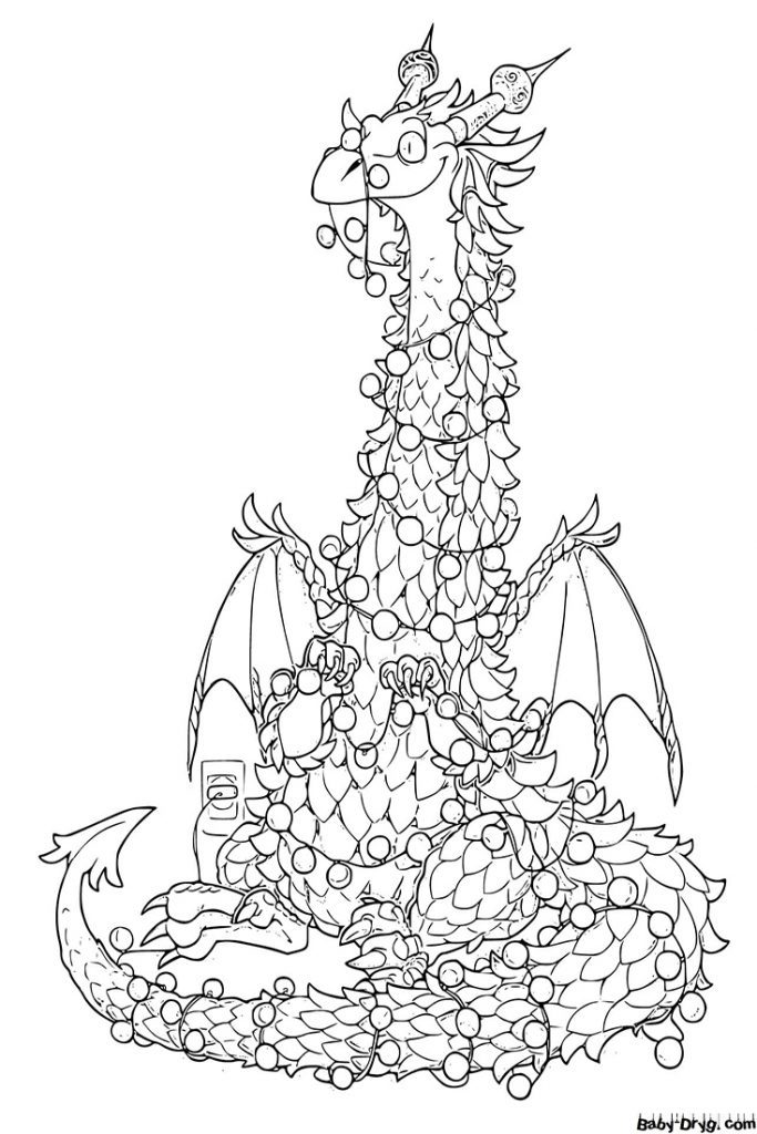 Coloring page Dragon dressed up in a Christmas tree with garlands | Coloring New Year's