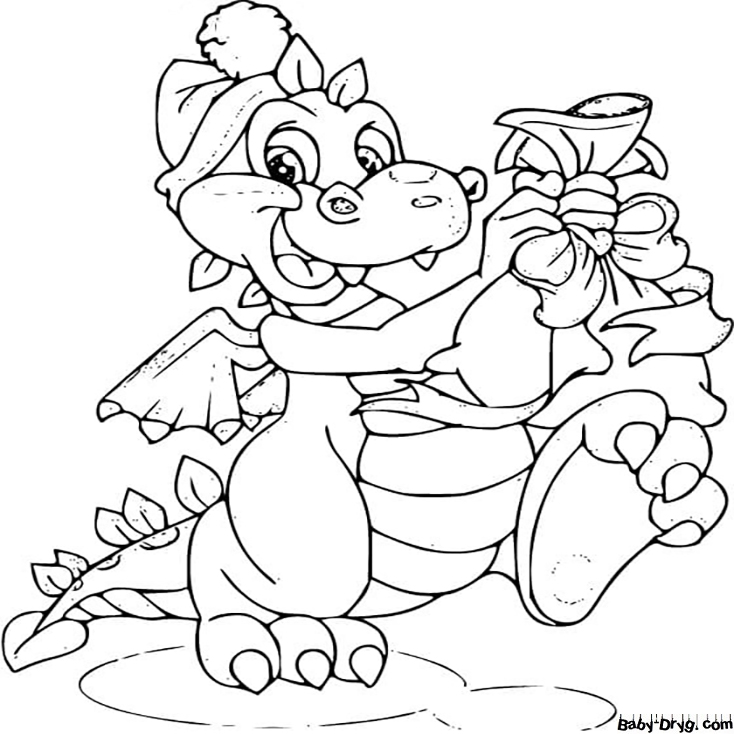 Coloring page Dragon with a bag of presents | Coloring New Year's