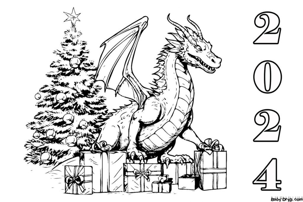 Coloring page Dragon with writing 2024 | Coloring New Year's