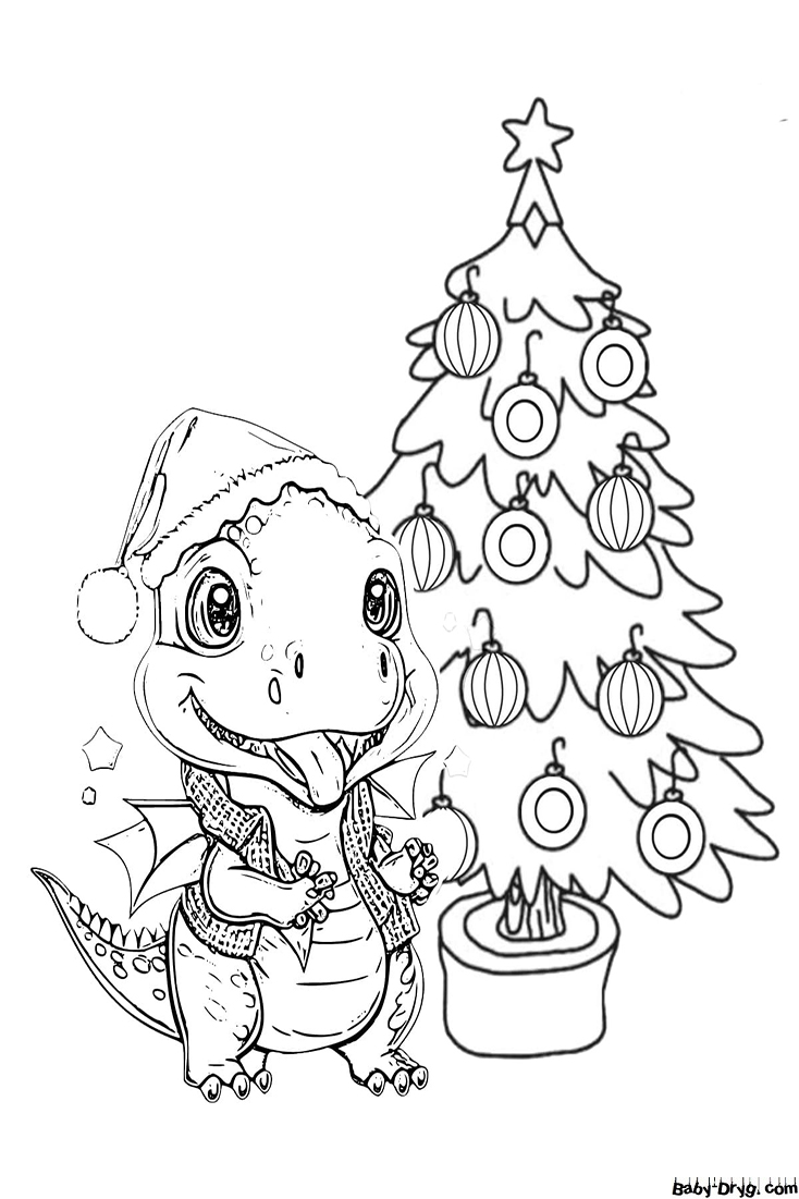 Coloring page The dragon and the Christmas tree | Coloring New Year's