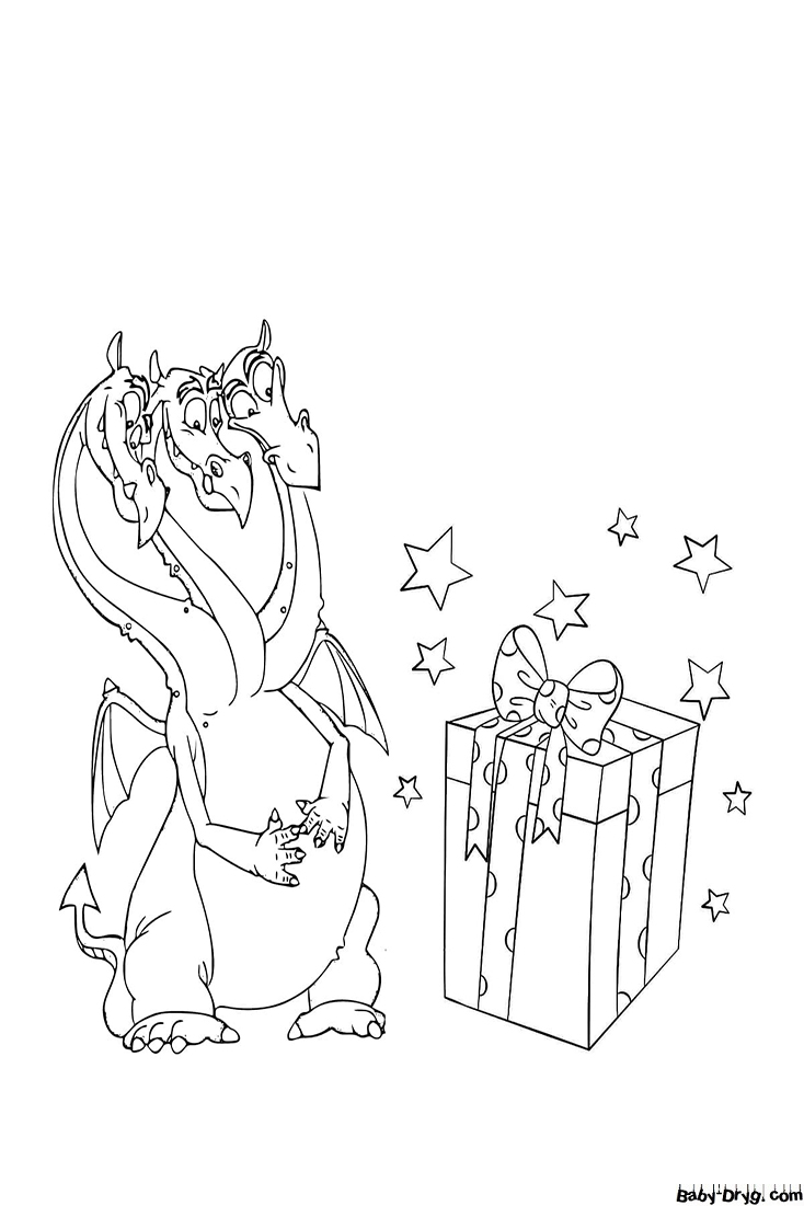 Coloring page Three-headed dragon found a gift | Coloring New Year's
