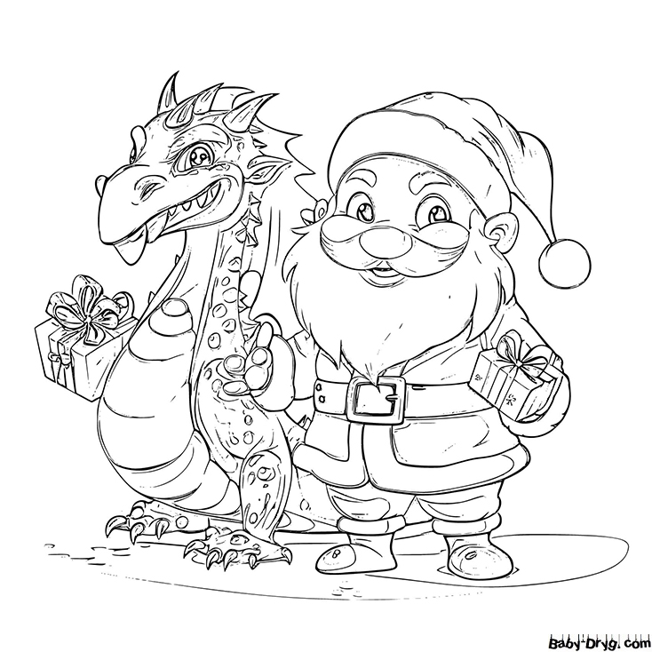 Раскраска Дракон и Дед Мороз | Новогодние раскраски