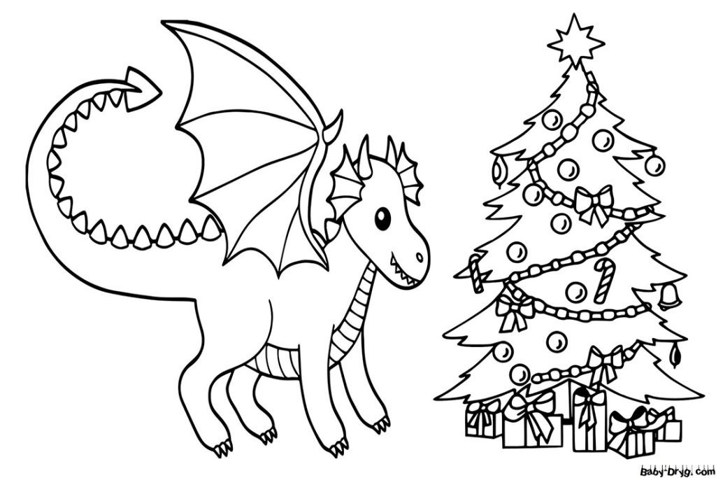 Раскраска Дракон и праздничная елка | Новогодние раскраски