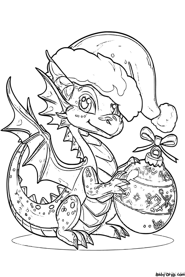 Раскраска Милый дракон с елочной игрушкой | Новогодние раскраски