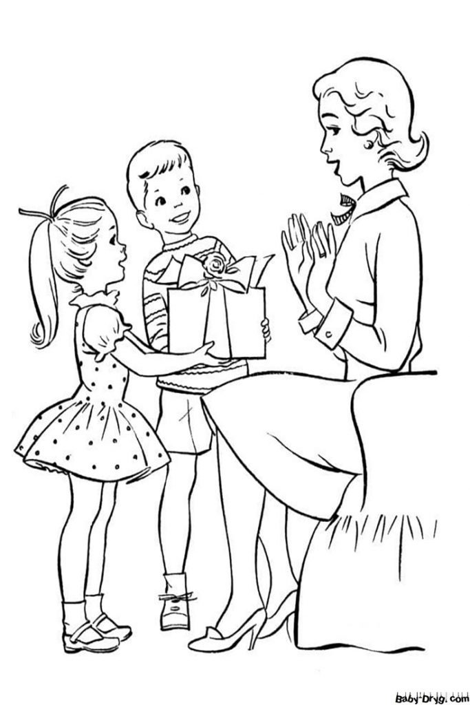 Coloring Page Children congratulate mom on March 8 | Coloring Women's Day