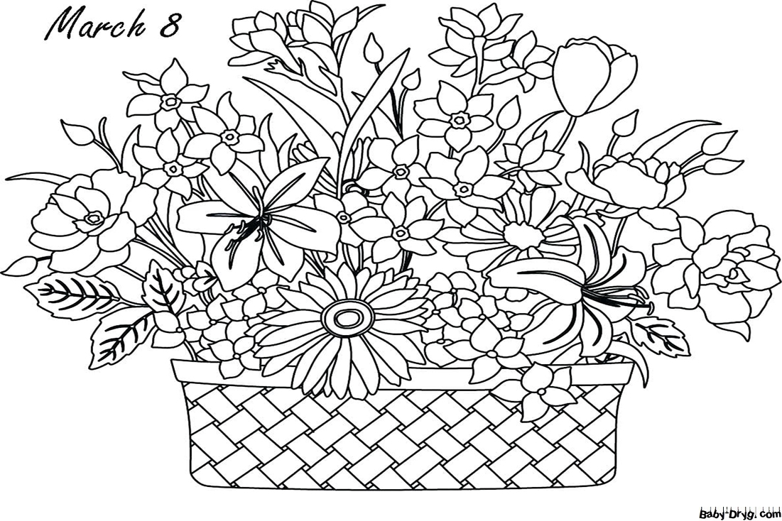 Coloring Page Flower basket for March 8th | Coloring Women's Day