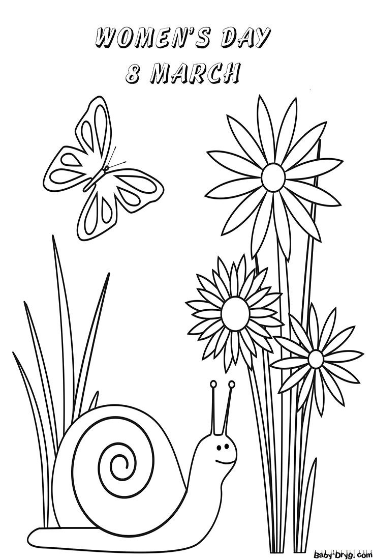 Coloring Page Greeting card with flowers and a snail for March 8 | Coloring Women's Day