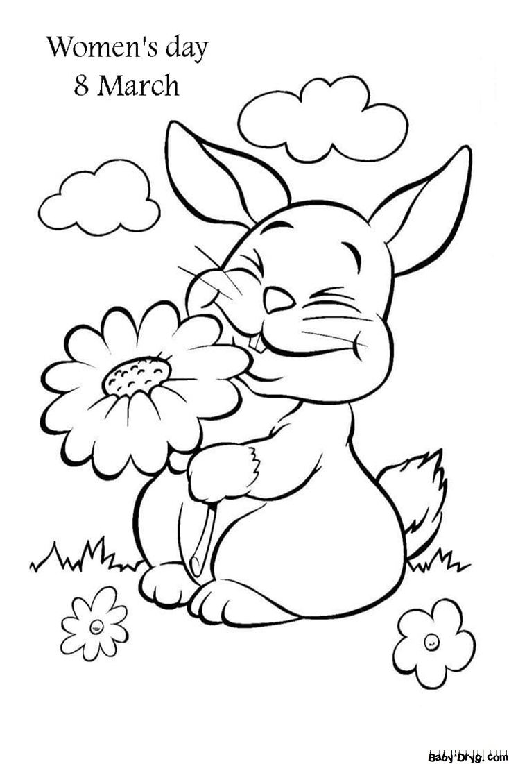 Coloring Page Hare with a flower for the holiday | Coloring Women's Day