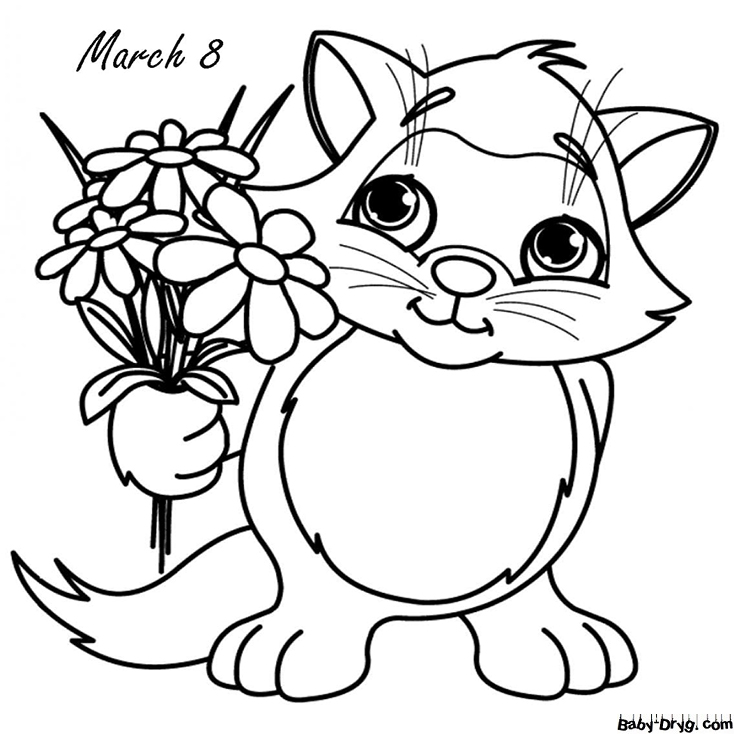 Coloring Page Kitten wishes a happy holiday | Coloring Women's Day