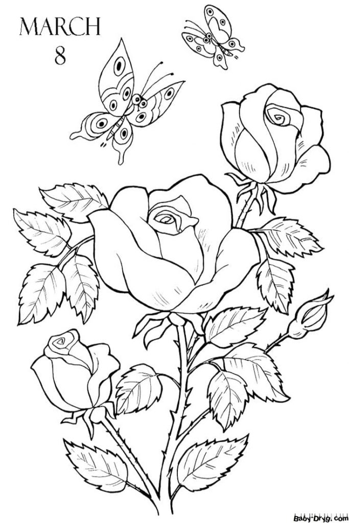 Coloring Page Roses and butterflies March 8 | Coloring Women's Day