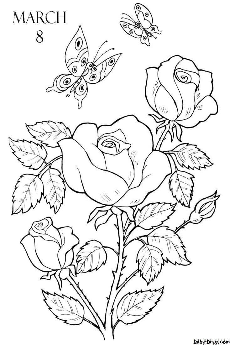 Coloring Page Roses and butterflies March 8 | Coloring Women's Day