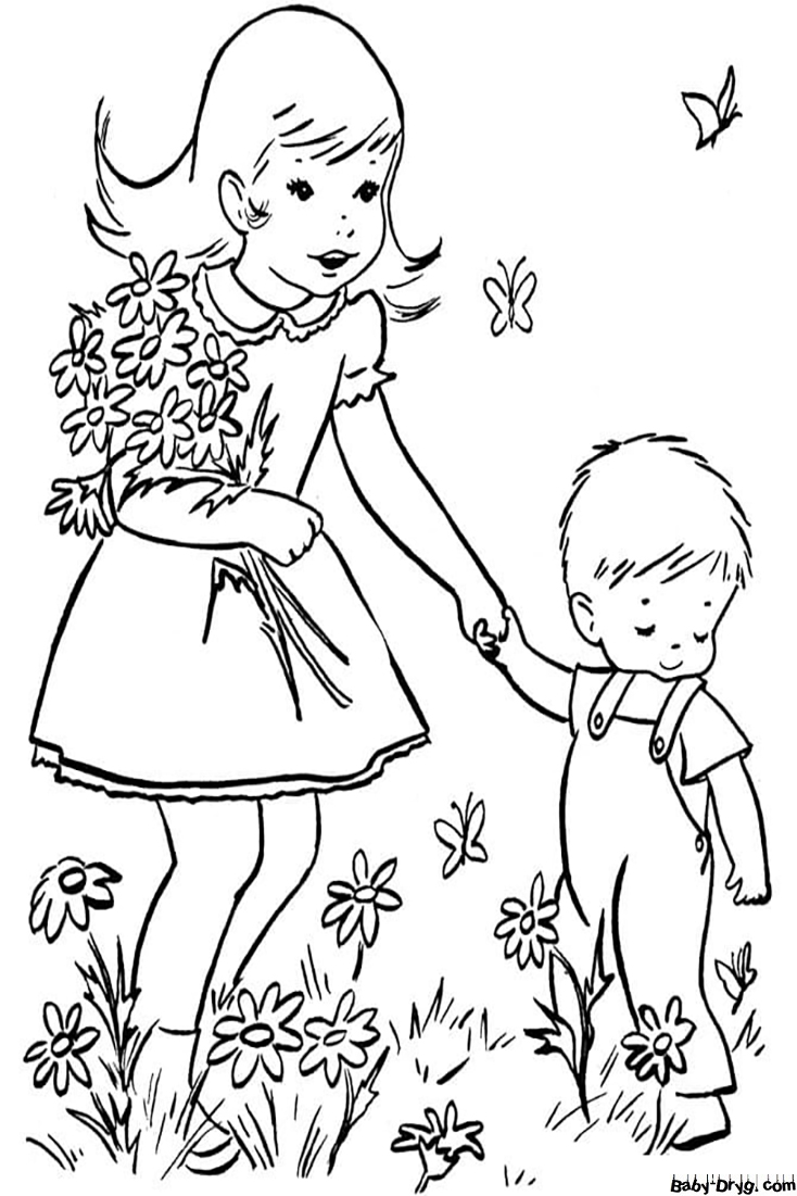 Coloring Page Sister and brother are picking flowers for their mom on March 8th | Coloring Women's Day