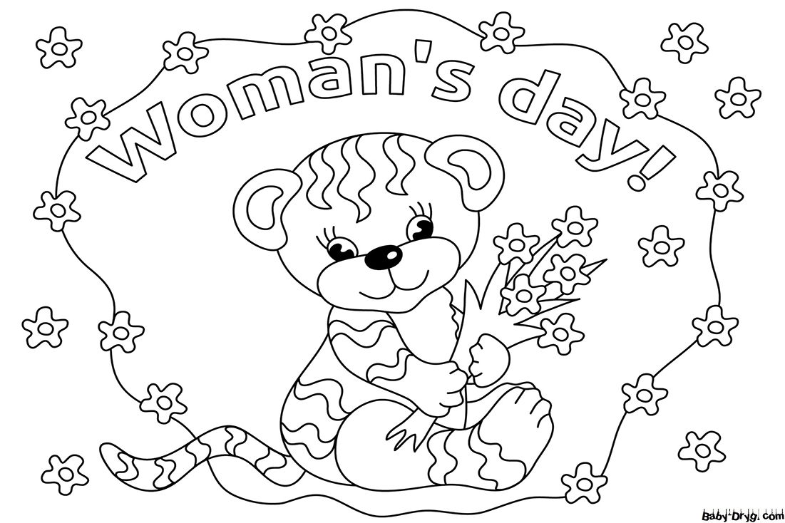 Coloring Page Tiger with flowers on March 8 | Coloring Women's Day