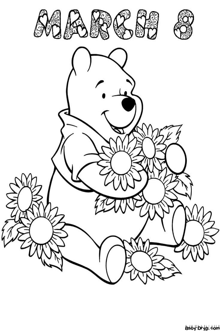 Coloring Page Winnie the Pooh congratulates all the girls on March 8 | Coloring Women's Day