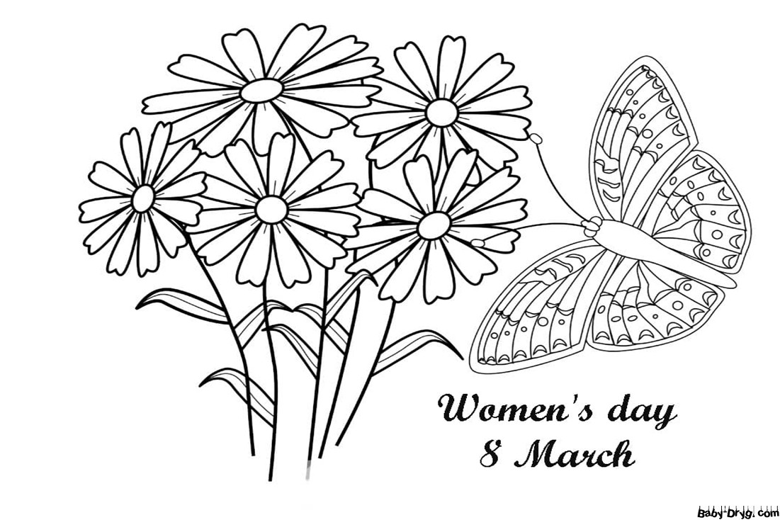 Greeting card with flowers and butterfly on March 8 | Coloring Women's Day