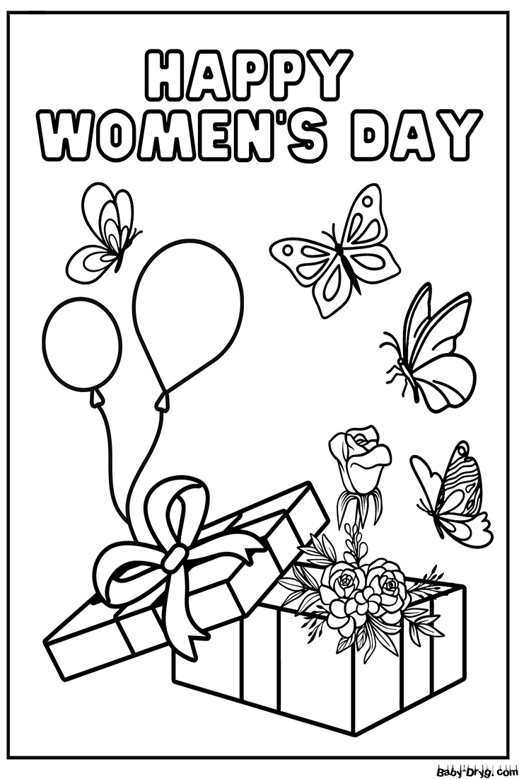 Happy Women's Day With Gift Coloring Page | Coloring Women's Day