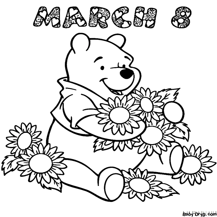 Pooh Bear Congratulates Women's Day Coloring Page | Coloring Women's Day