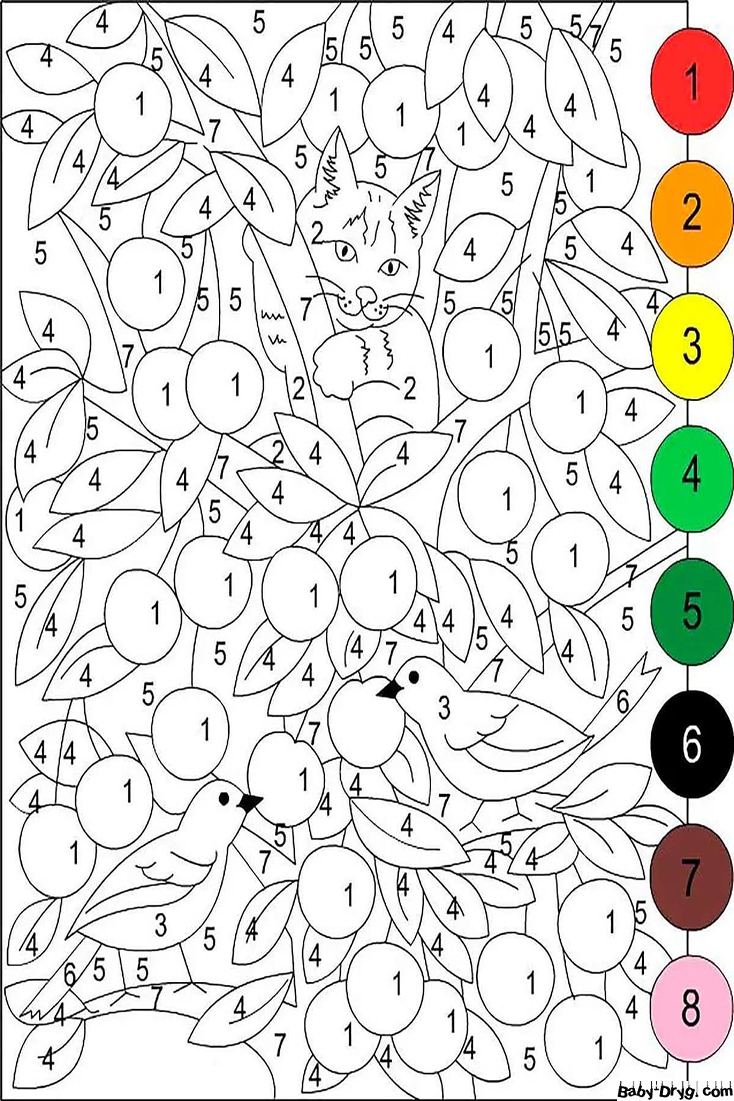 Раскраска Кошка и птицы на дереве | Раскраски по номерам