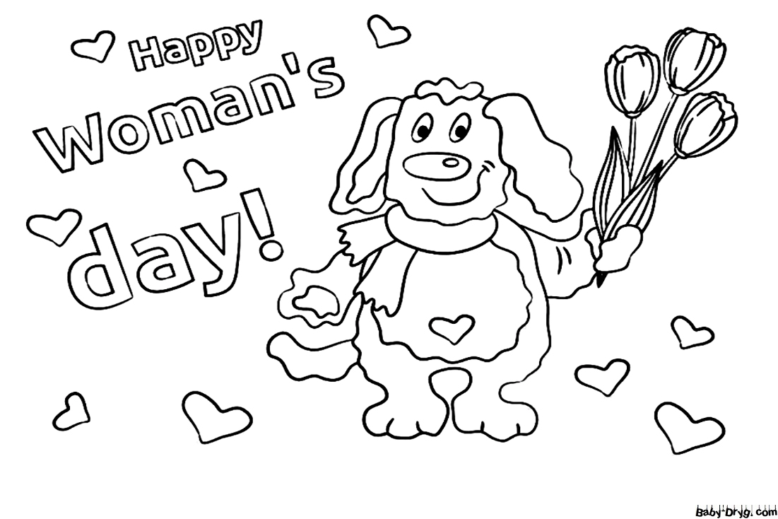 The Dog With Tulips For Happy Woman's Day Coloring Page | Coloring Women's Day