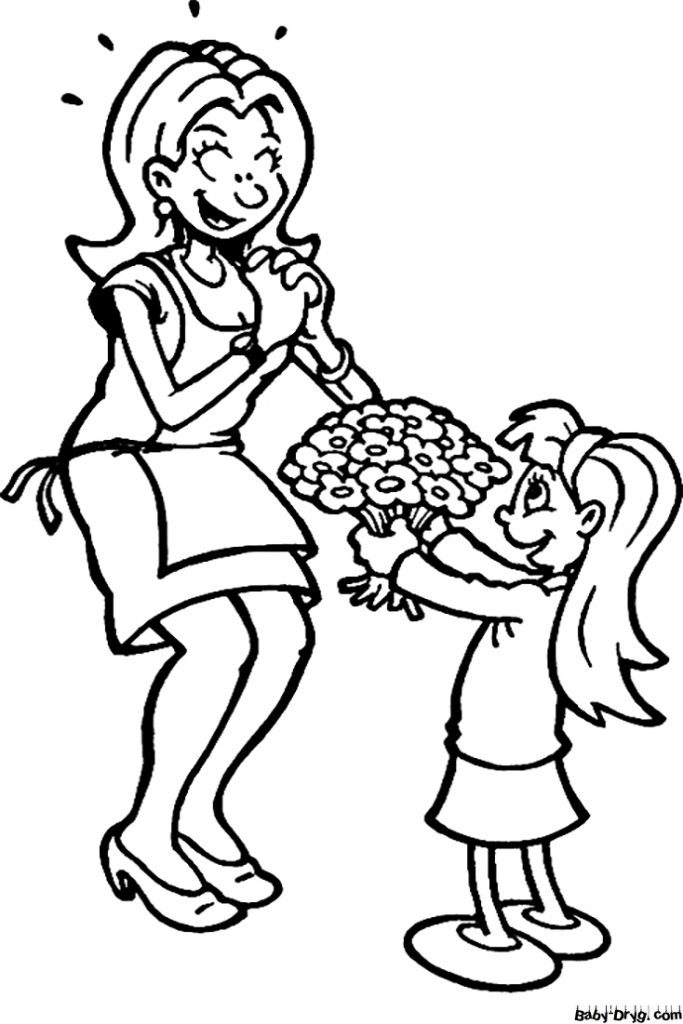 The Girl Gives Her Mom Flowers Coloring Page | Coloring Women's Day