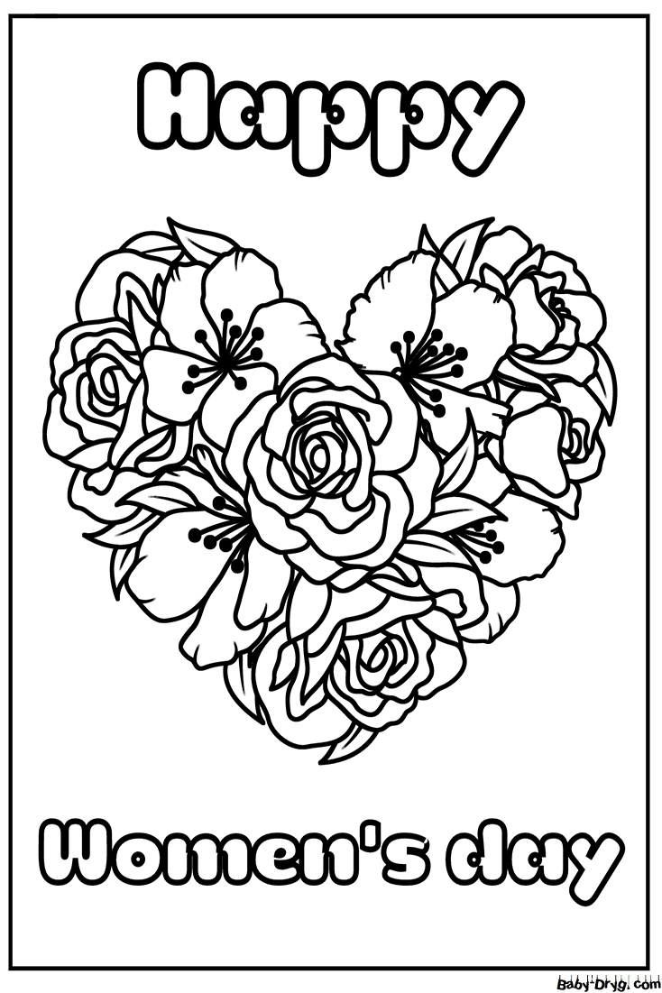 Women's Day With Flowers Heart Coloring Page | Coloring Women's Day