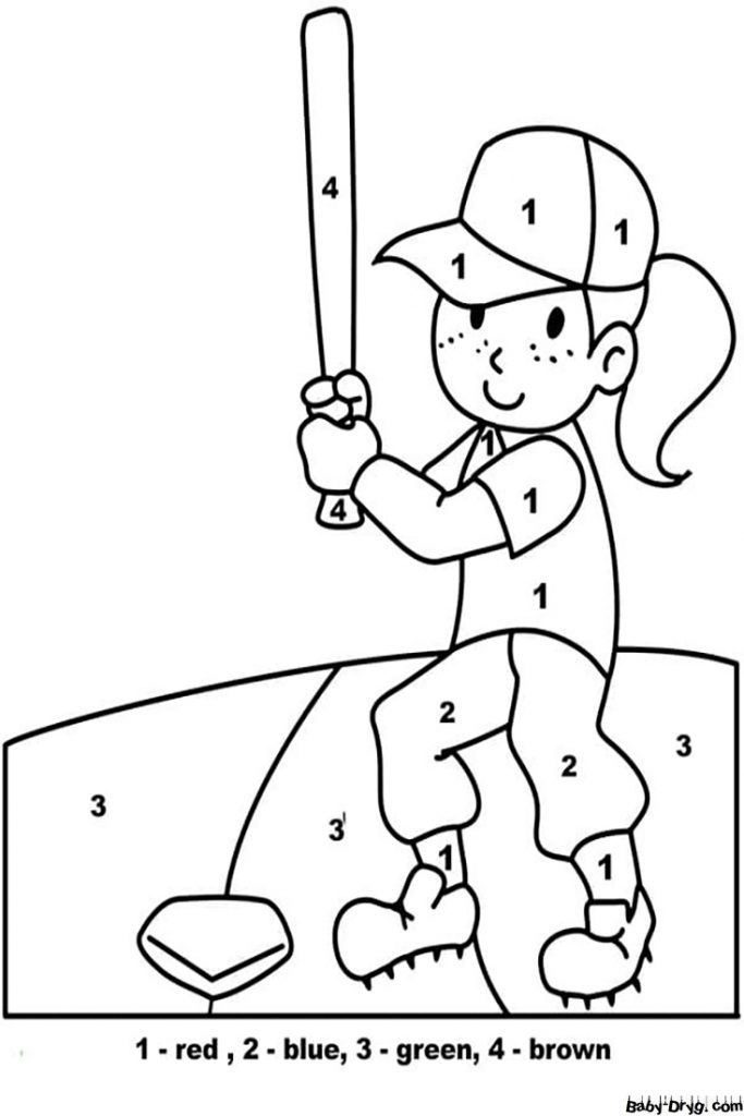 Baseball Girl for Kindergarten Color by Number | Color by Number Coloring Pages