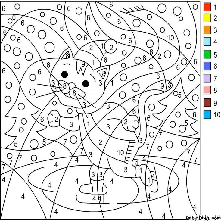 Coloring Page A cat on ice | Color by Number Coloring Pages