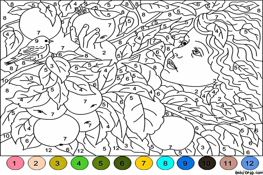 Coloring Page A girl picking apples | Color by Number Coloring Pages