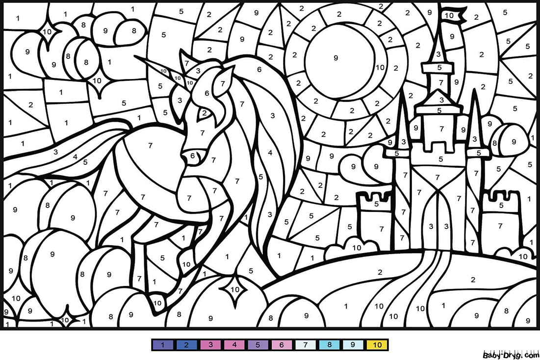 Coloring Page A unicorn and a castle | Color by Number Coloring Pages