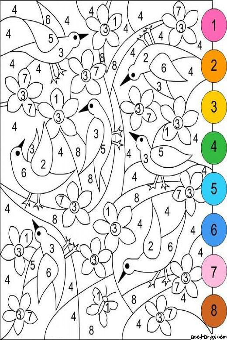 Coloring Page Birds and flowers | Color by Number Coloring Pages