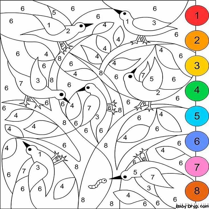 Coloring Page Birds in a tree | Color by Number Coloring Pages