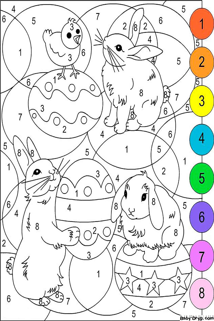 Coloring Page Easter bunnies, chick and eggs | Color by Number Coloring Pages