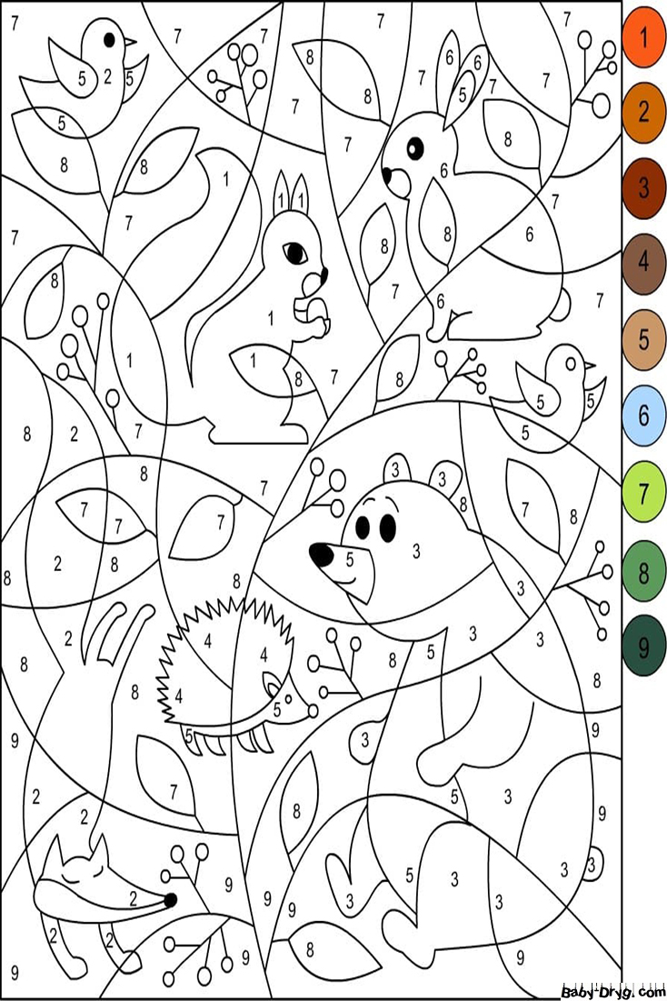 Coloring Page Forest animals | Color by Number Coloring Pages