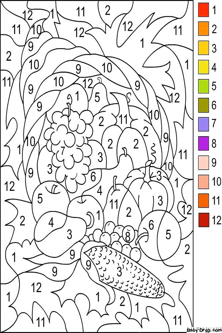 Coloring Page Fruits and vegetables | Color by Number Coloring Pages