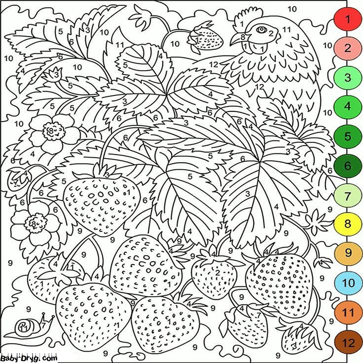 Coloring Page Strawberries and chicken | Color by Number Coloring Pages