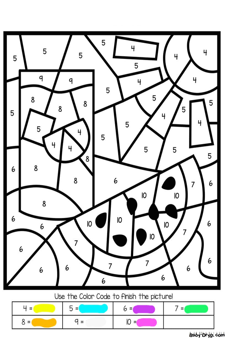 Coloring Page Summer, lemonade, watermelon, sunshine | Color by Number Coloring Pages