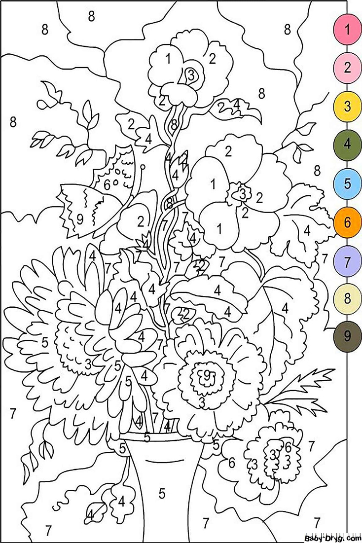 Coloring Page Vase with flowers | Color by Number Coloring Pages