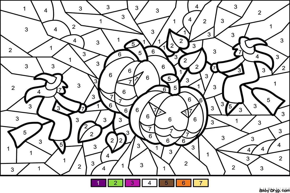 Coloring Page Witches and pumpkins | Color by Number Coloring Pages