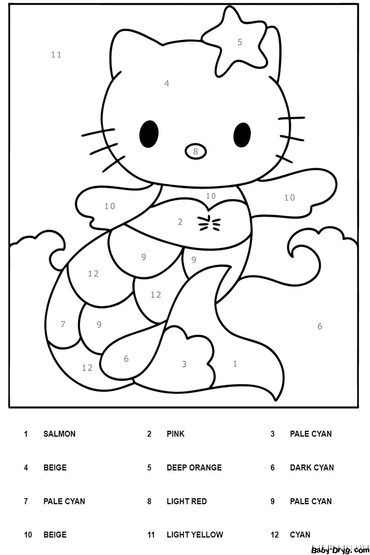 Mermaid Hello Kitty Color By Number | Color by Number Coloring Pages