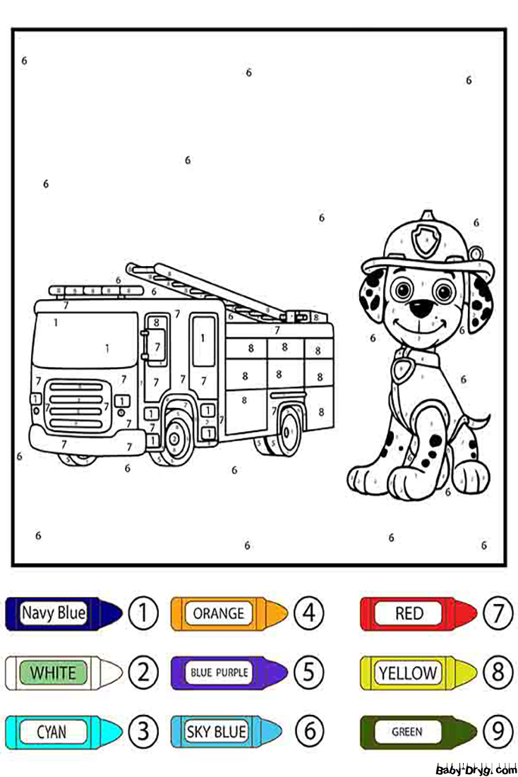 Paw Patrol Marshall and Fire Truck Color by Number | Color by Number Coloring Pages