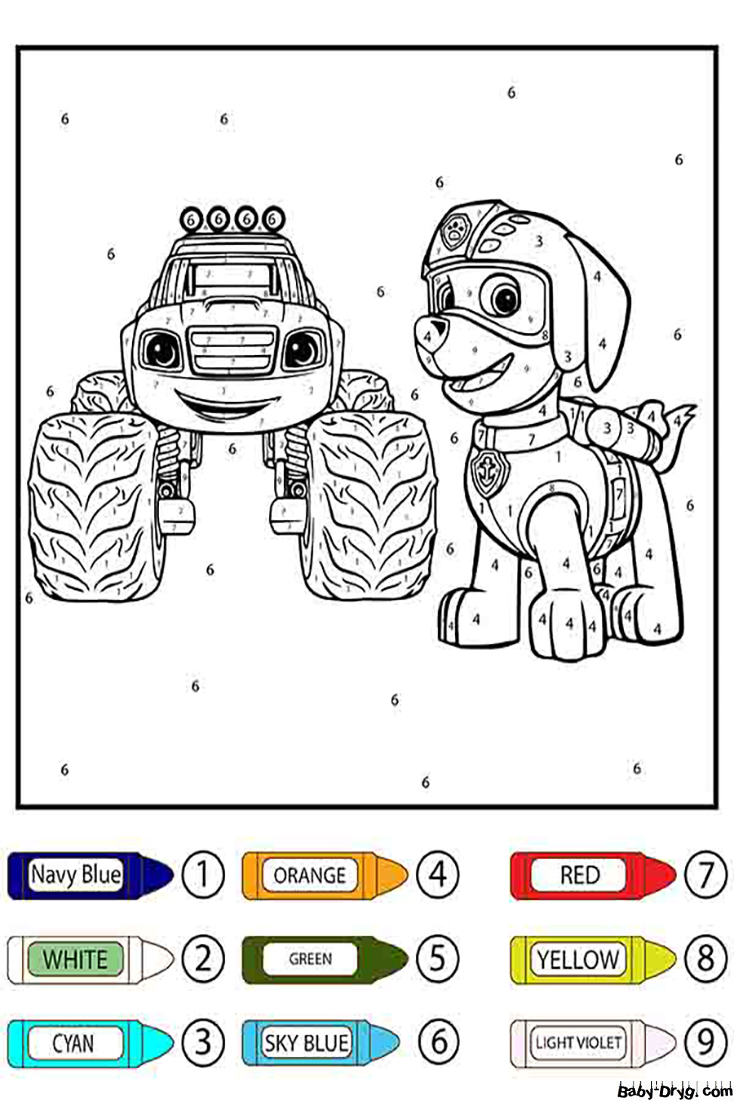 Paw Patrol Zuma and Big Car Color by Number | Color by Number Coloring Pages