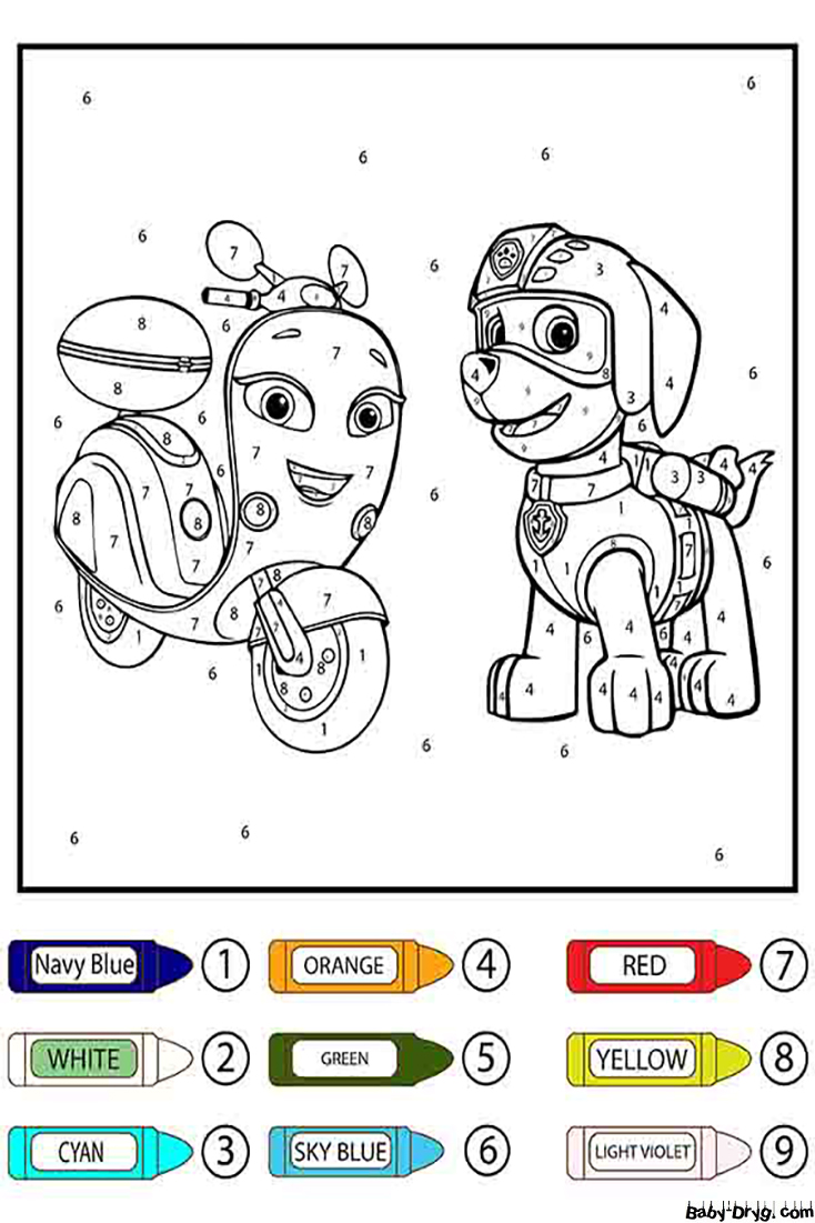 Paw Patrol Zuma and Motorcycle Color by Number | Color by Number Coloring Pages