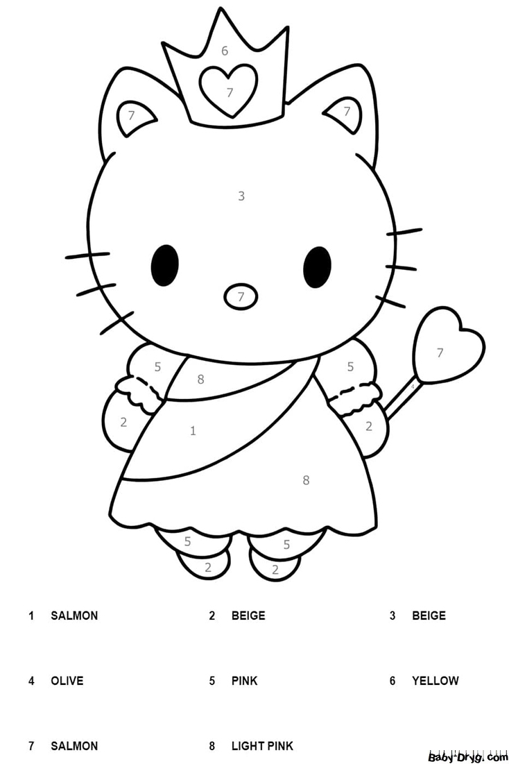 Princess Hello Kitty Color By Number | Color by Number Coloring Pages