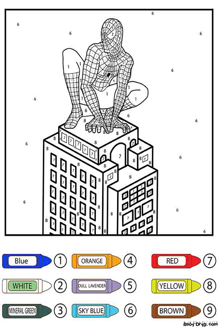 Раскраска Человек-паук на вершине здания | Раскраски по номерам