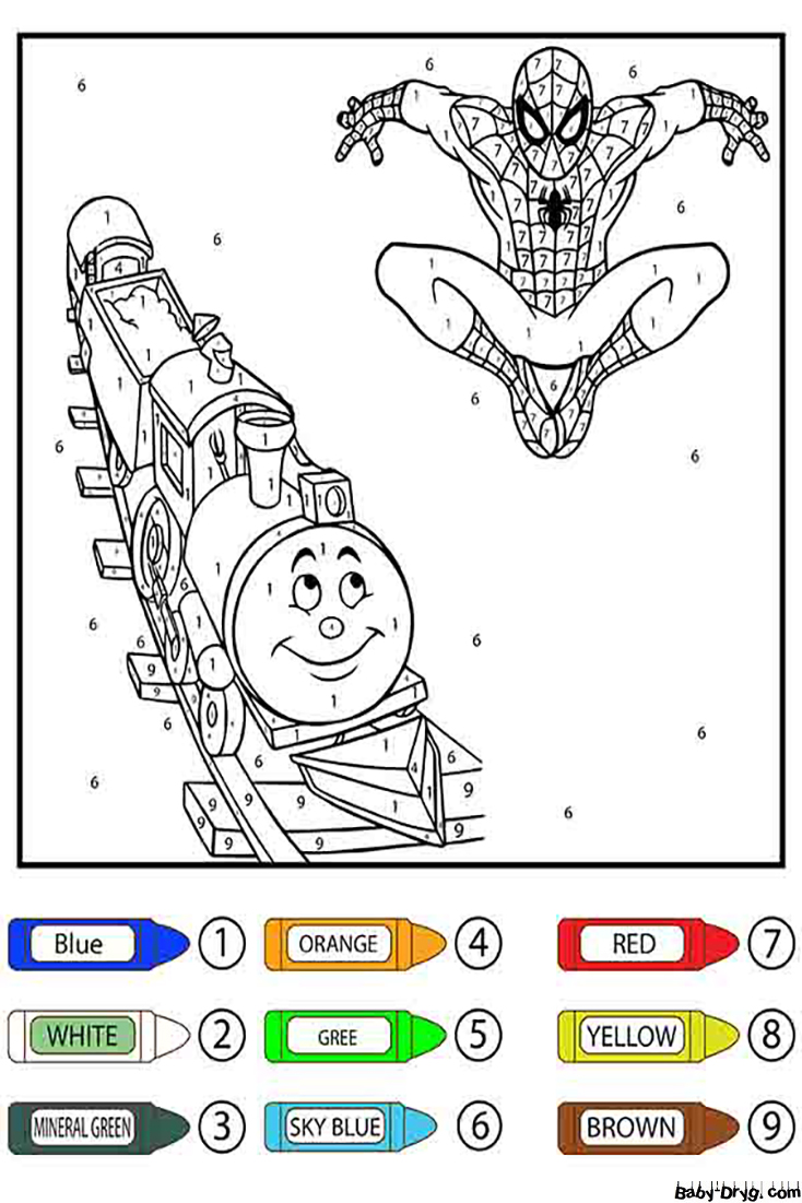 Раскраска Человек-паук над поездом | Раскраски по номерам