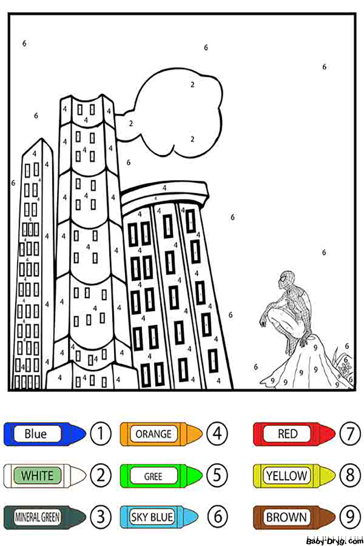 Раскраска Человек-паук смотрит на здания | Раскраски по номерам