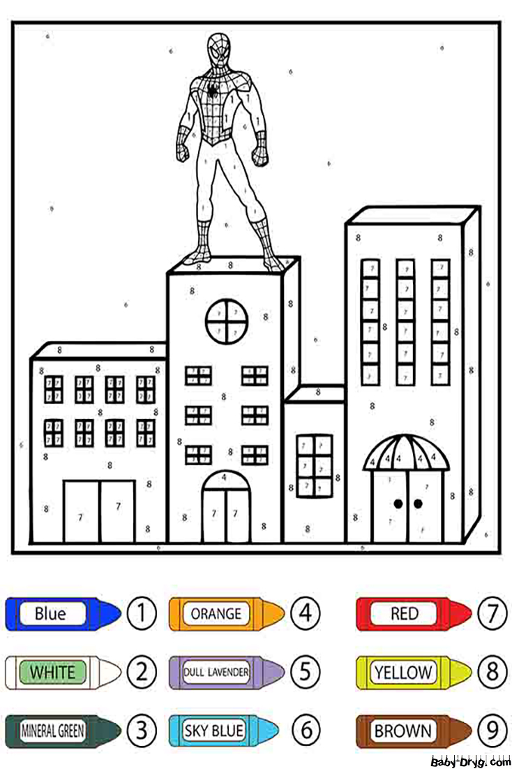 Раскраска Человек-паук стоит на вершине здания | Раскраски по номерам