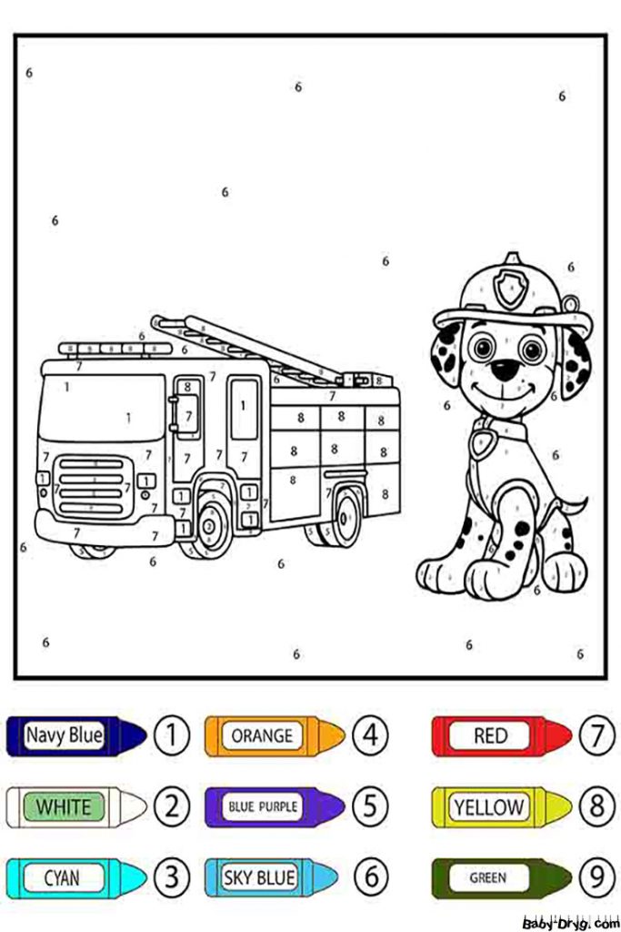 Раскраска Щенячий патруль Маршал и пожарная машина | Раскраски по номерам